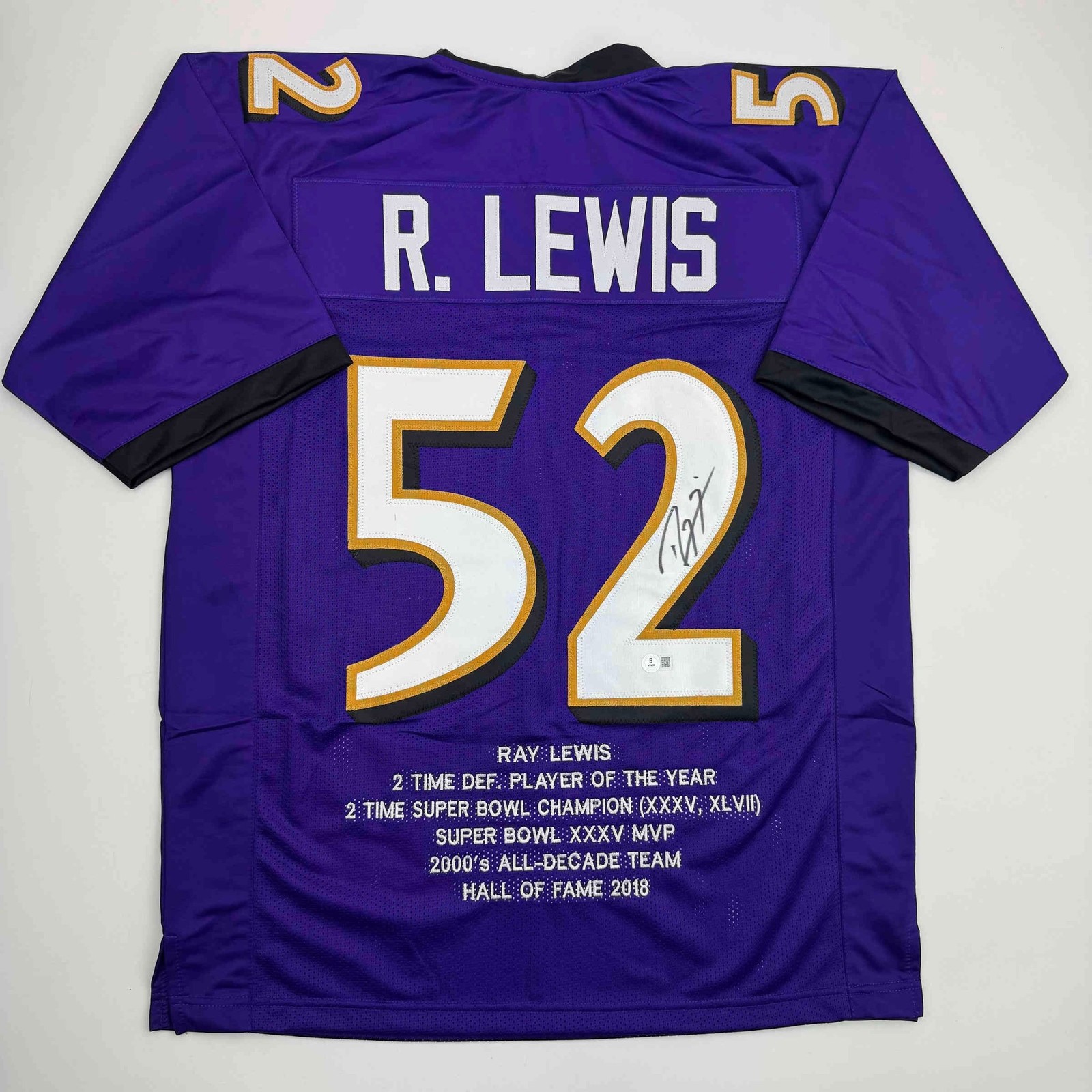 Autographed/Signed Ray Lewis Baltimore Purple Stat Jersey Beckett COA