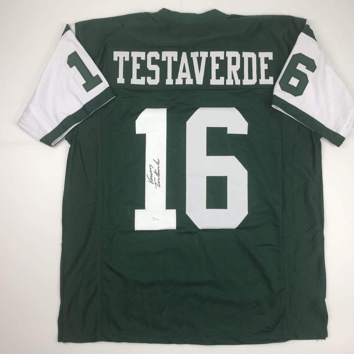 Autographed/Signed VINNY TESTAVERDE New York Green Jersey JSA COA Auto