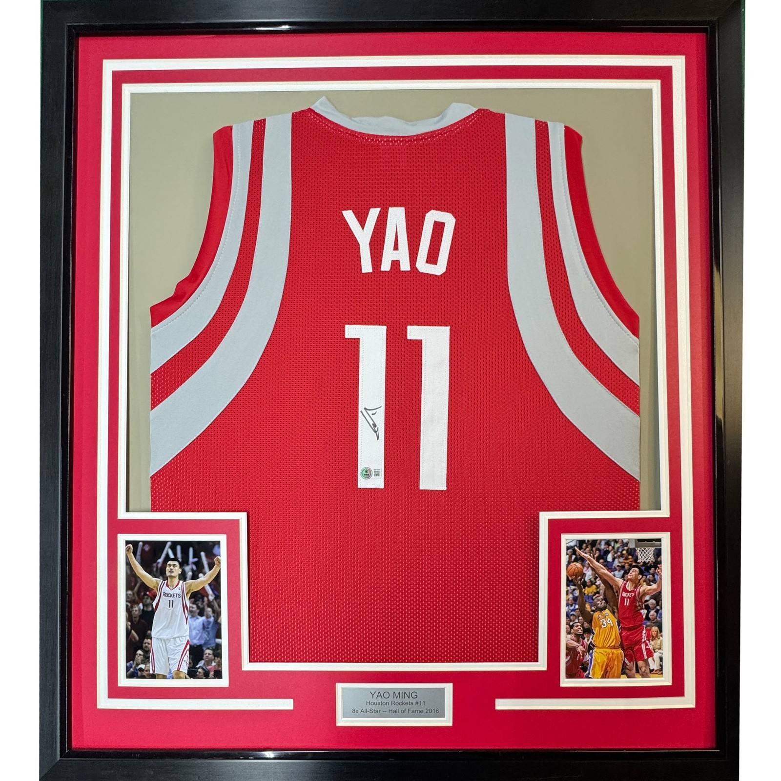 Framed Autographed/Signed Yao Ming 35x39 Houston Red Jersey BAS COA