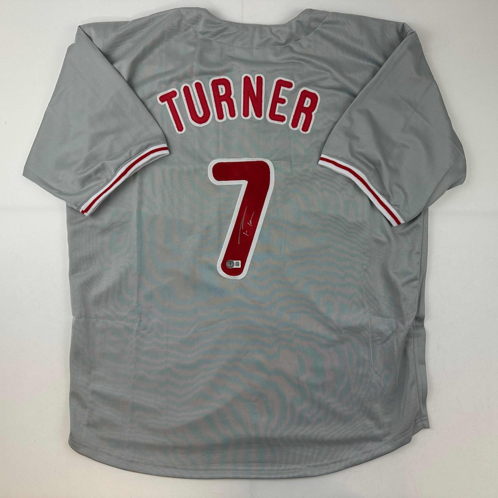 Autographed/Signed Trea Turner Philadelphia Grey Jersey Beckett BAS COA