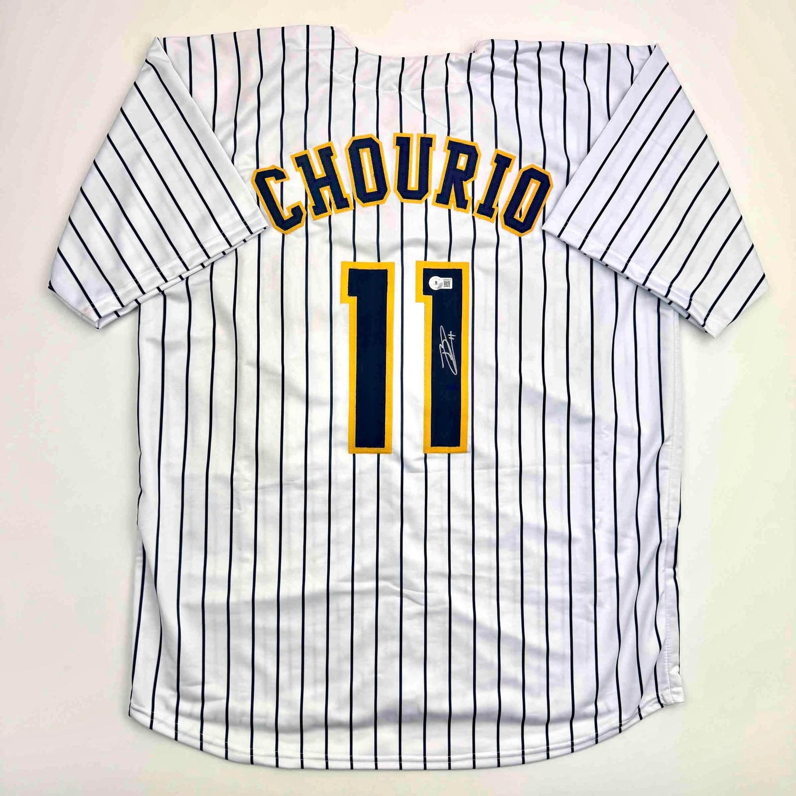 Autographed/Signed Jackson Chourio Milwaukee Pinstripe Jersey Beckett COA