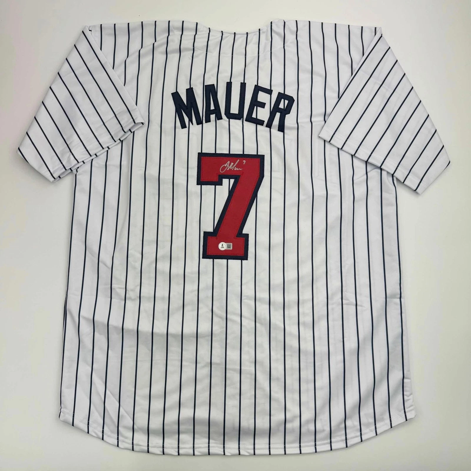 Autographed/Signed Joe Mauer Minnesota Pinstripe Jersey Beckett BAS COA
