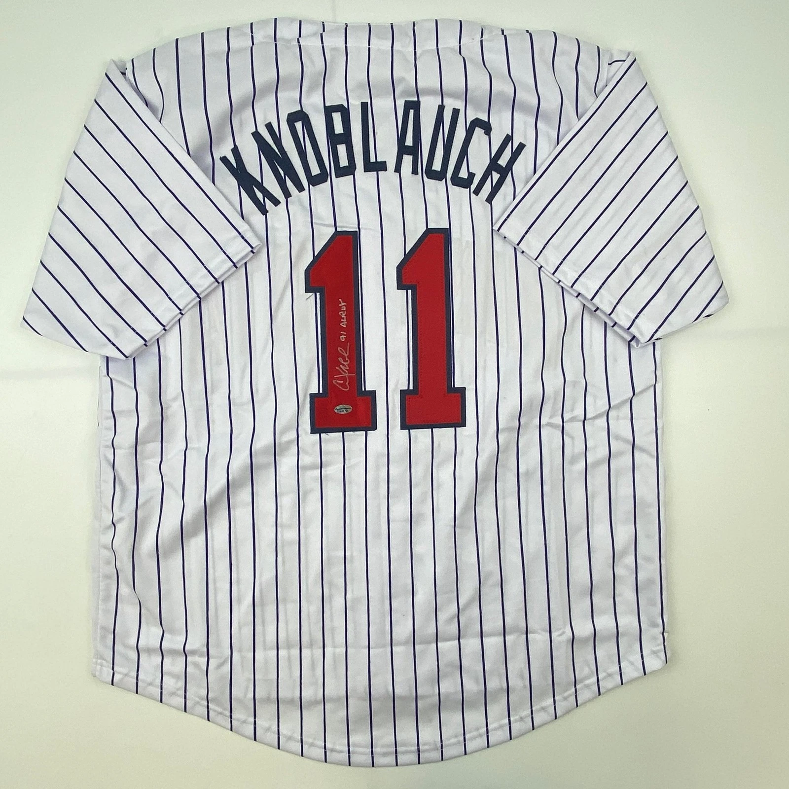 Autographed/Signed Chuck Knoblauch Minnesota Pinstripe Jersey Leaf COA