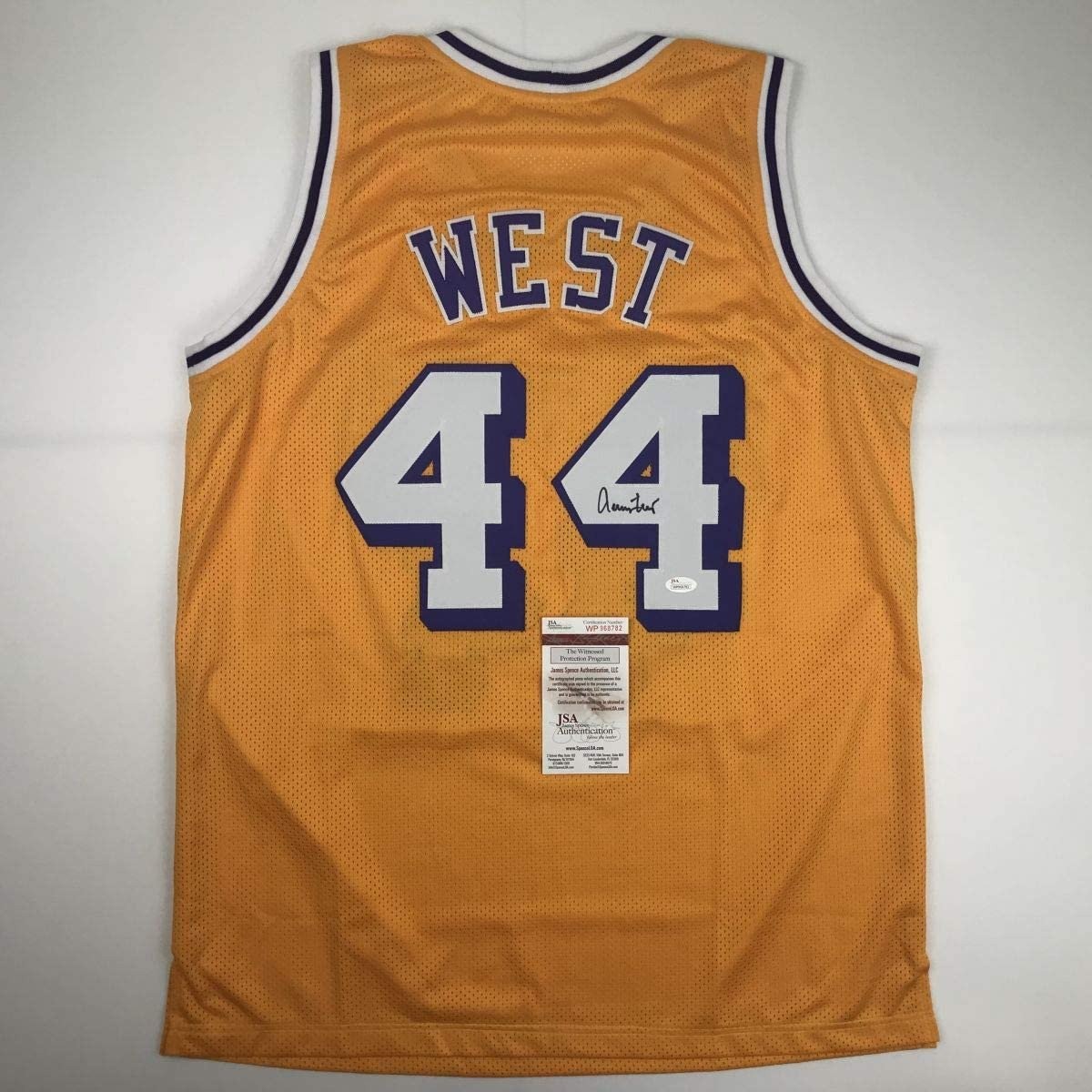 Autographed/Signed Jerry West Los Angeles LA Yellow Jersey JSA COA