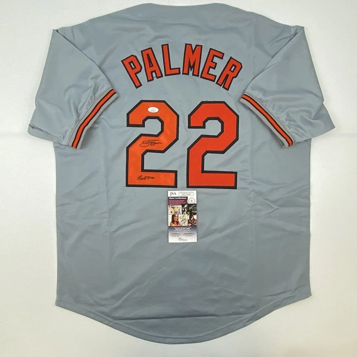 Autographed/Signed Jim Palmer HOF 1990 Baltimore Grey Jersey JSA COA