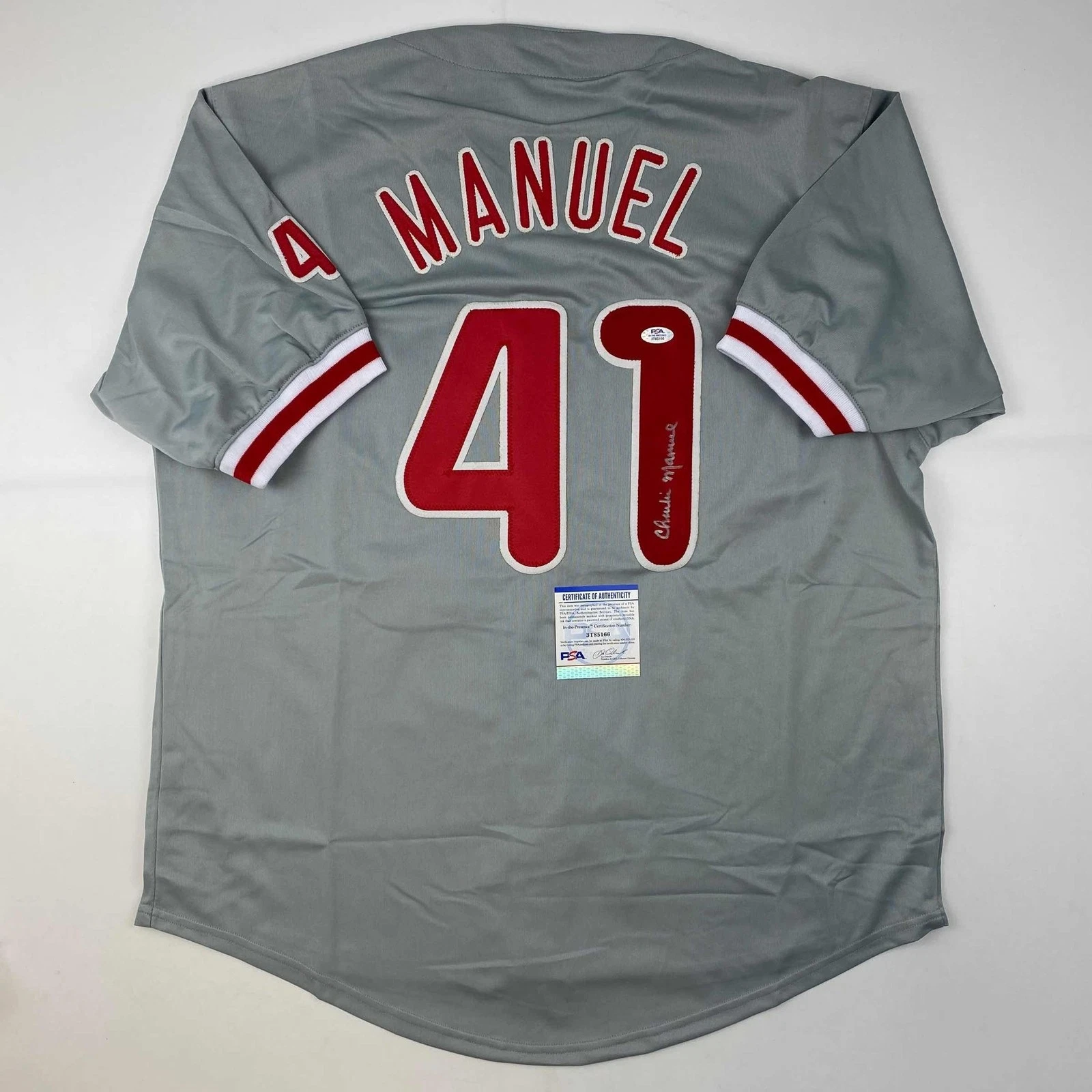 Autographed/Signed Charlie Manuel Philadelphia Grey Jersey PSA/DNA COA