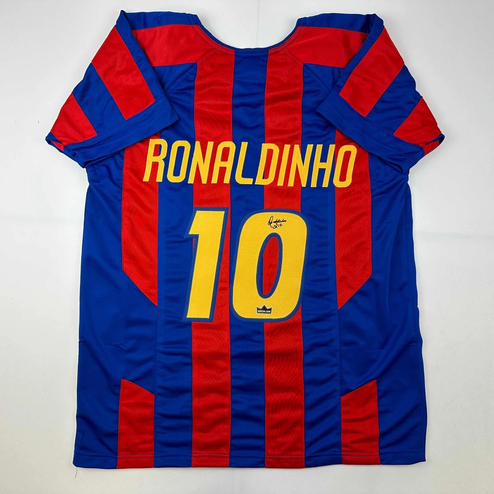 Facsimile Autographed Ronaldinho FC Barcelona Blue/Red Jersey Men's XL