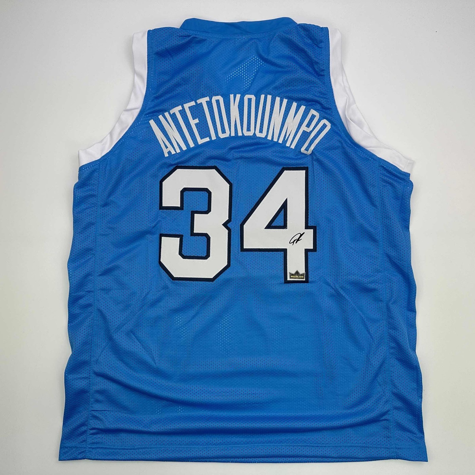 Facsimile Autographed Giannis Antetokounmpo Greece Light Blue Jersey XL