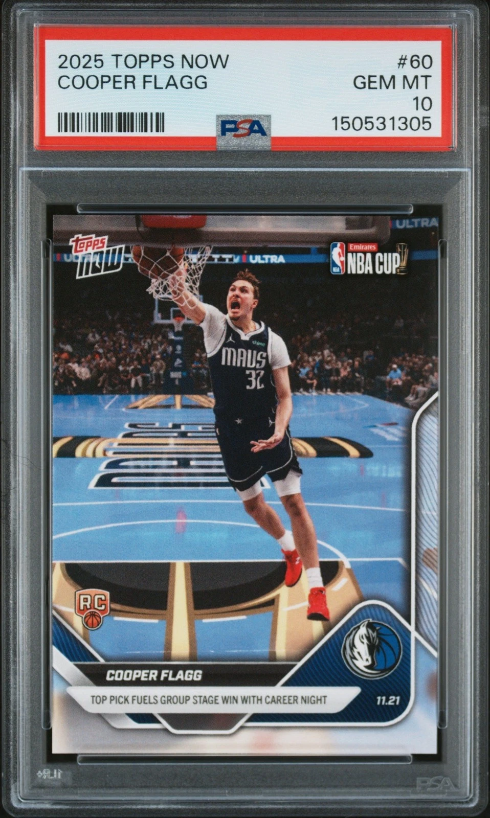 Graded 2025 Topps Now Cooper Flagg #60 Rookie RC Card PSA 10 Gem Mint