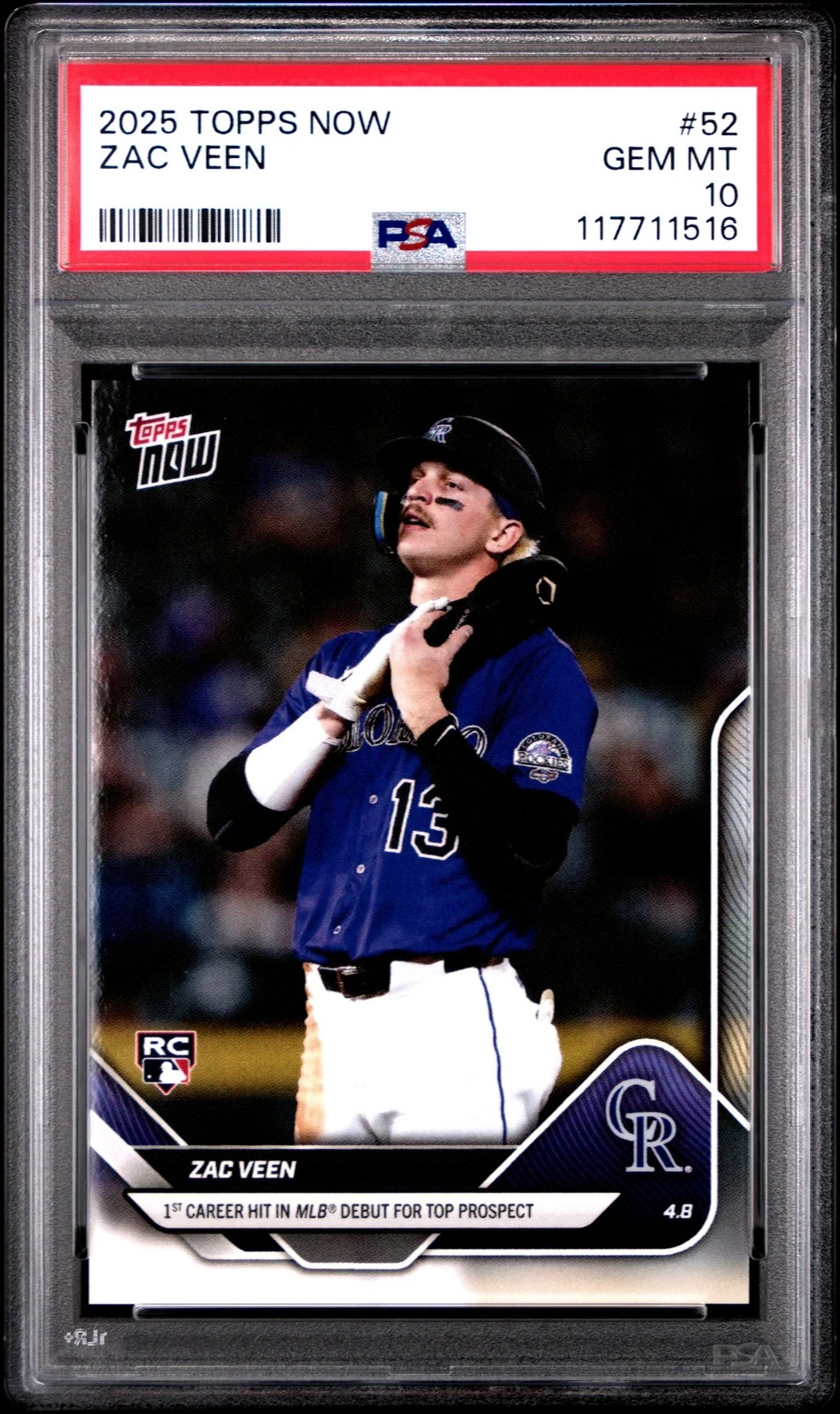Graded 2025 Topps Now Zac Veen #52 Rookie RC Baseball Card PSA 10 Gem Mint