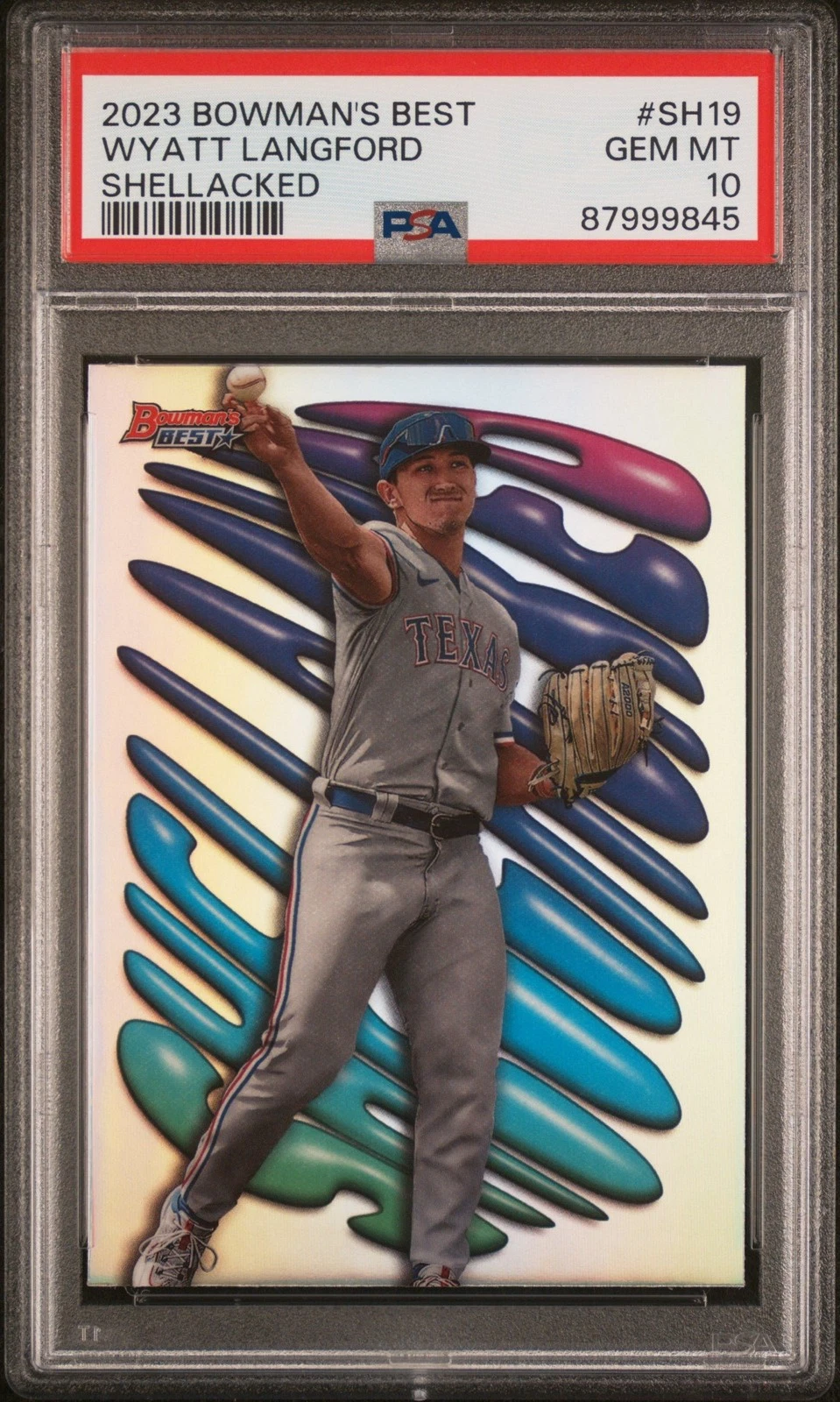 Graded 2023 Bowmans Best Wyatt Langford #SH19 Shellacked RC Card PSA 10