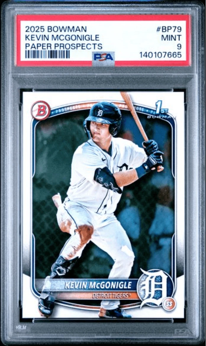 Graded 2025 Bowman Kevin McGonigle #BP79 Paper Prospects RC Card PSA 9