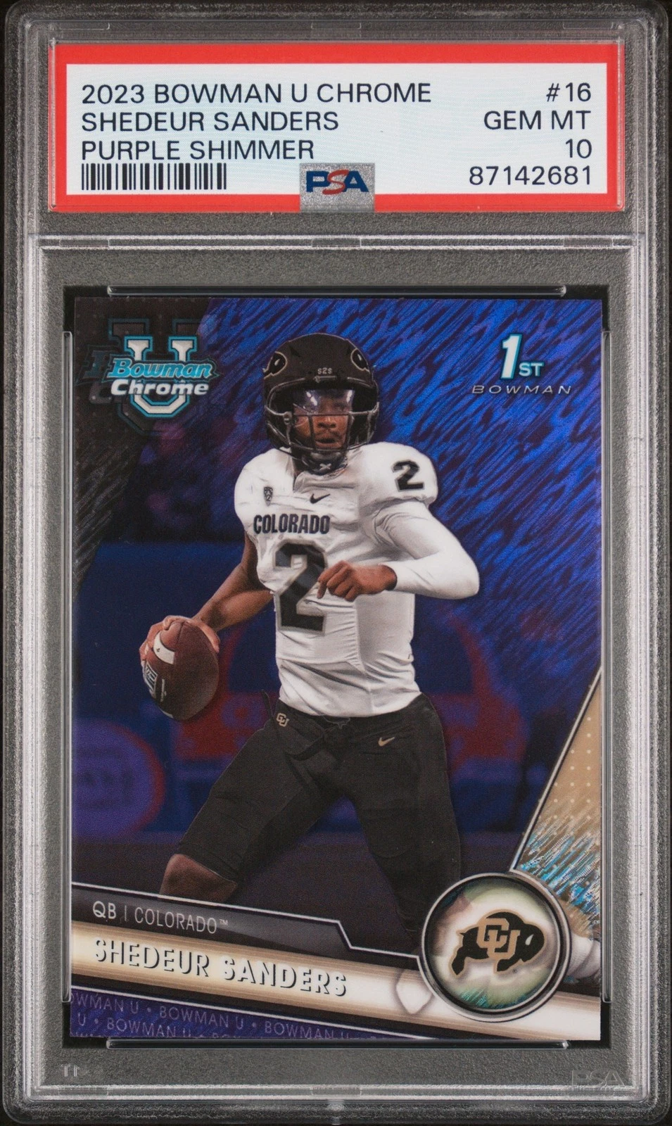 Graded 2023 Bowman Chrome Shedeur Sanders #16 Purp Shimmer Card PSA 10