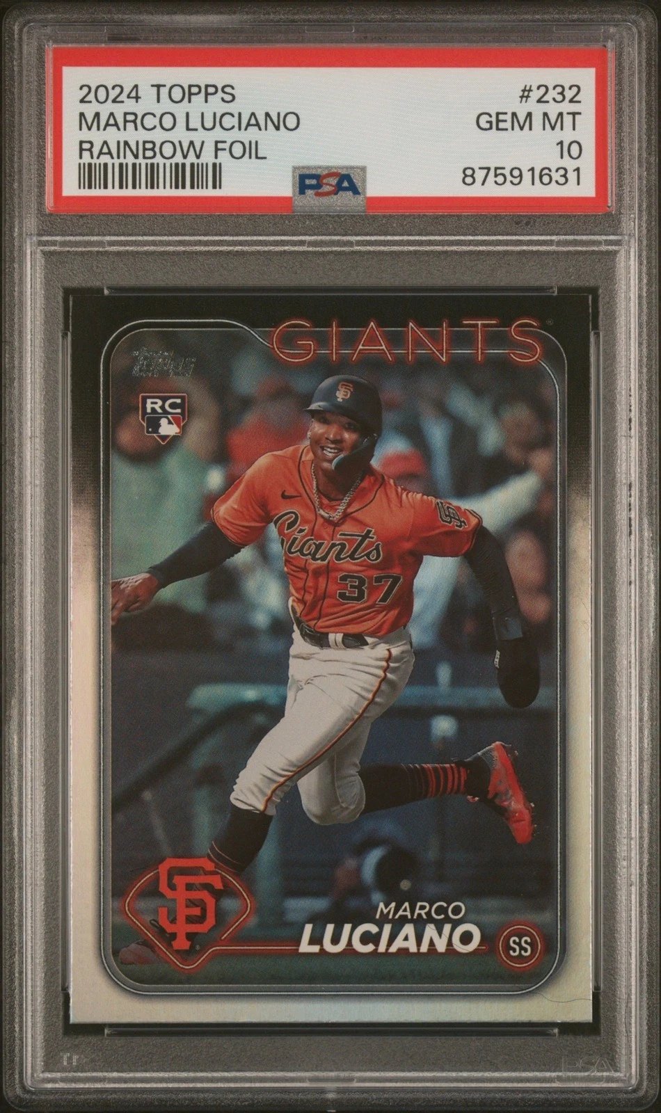 Graded 2024 Topps Marco Luciano #232 Rainbow Foil Rookie Card PSA 10