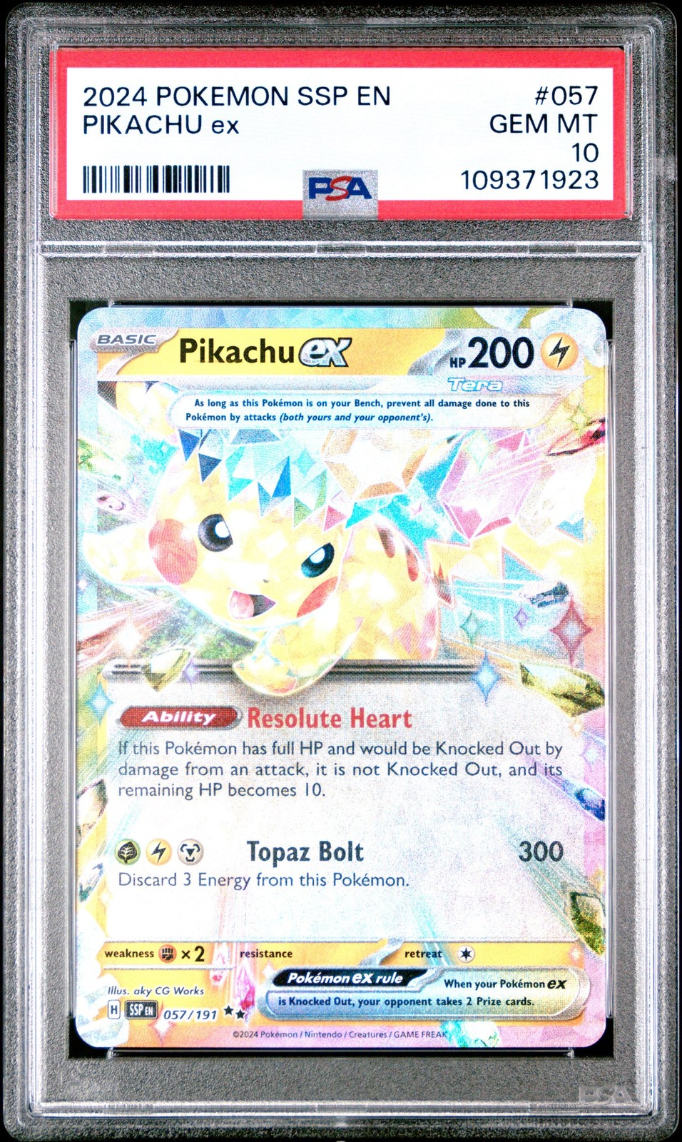 Graded 2024 Pokemon Ssp En-Surging Sparks #057 Pikachu Ex PSA 10 Gem Mint