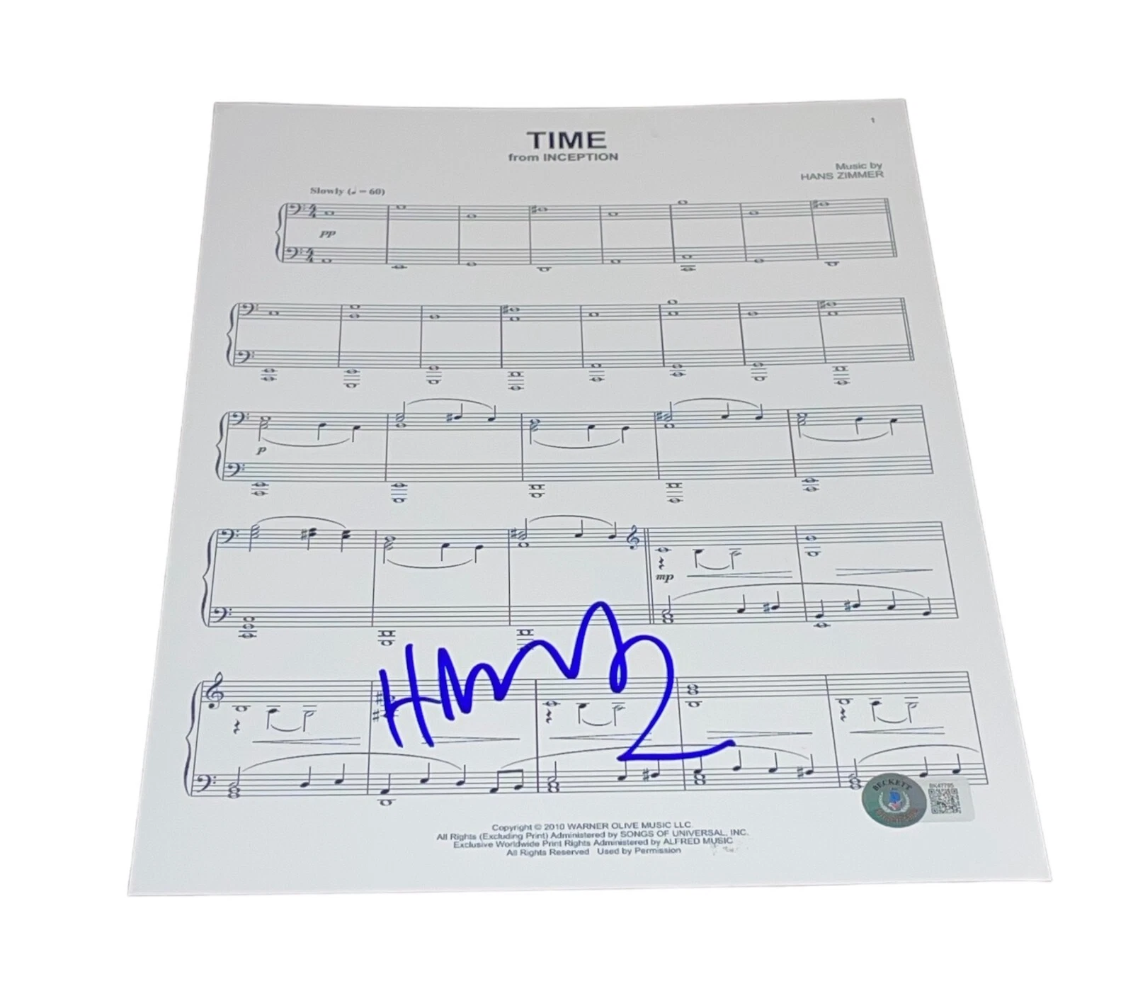 Hans Zimmer Signed Autograph Inception Time Lyric Sheet Music Beckett BAS COA B