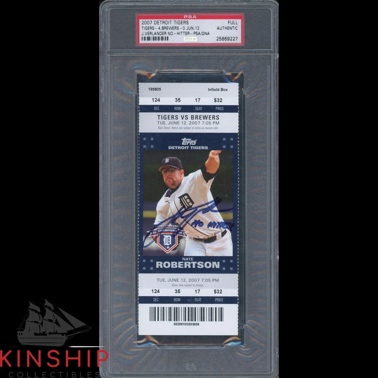 Justin Verlander signed No Hitter Ticker PSA DNA Slabbed Baseball HOF Auto C3545
