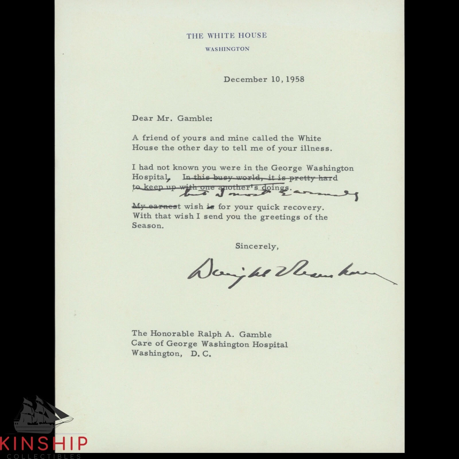 President Dwight D. Eisenhower signed White House Letter JSA LOA Auto Z1983