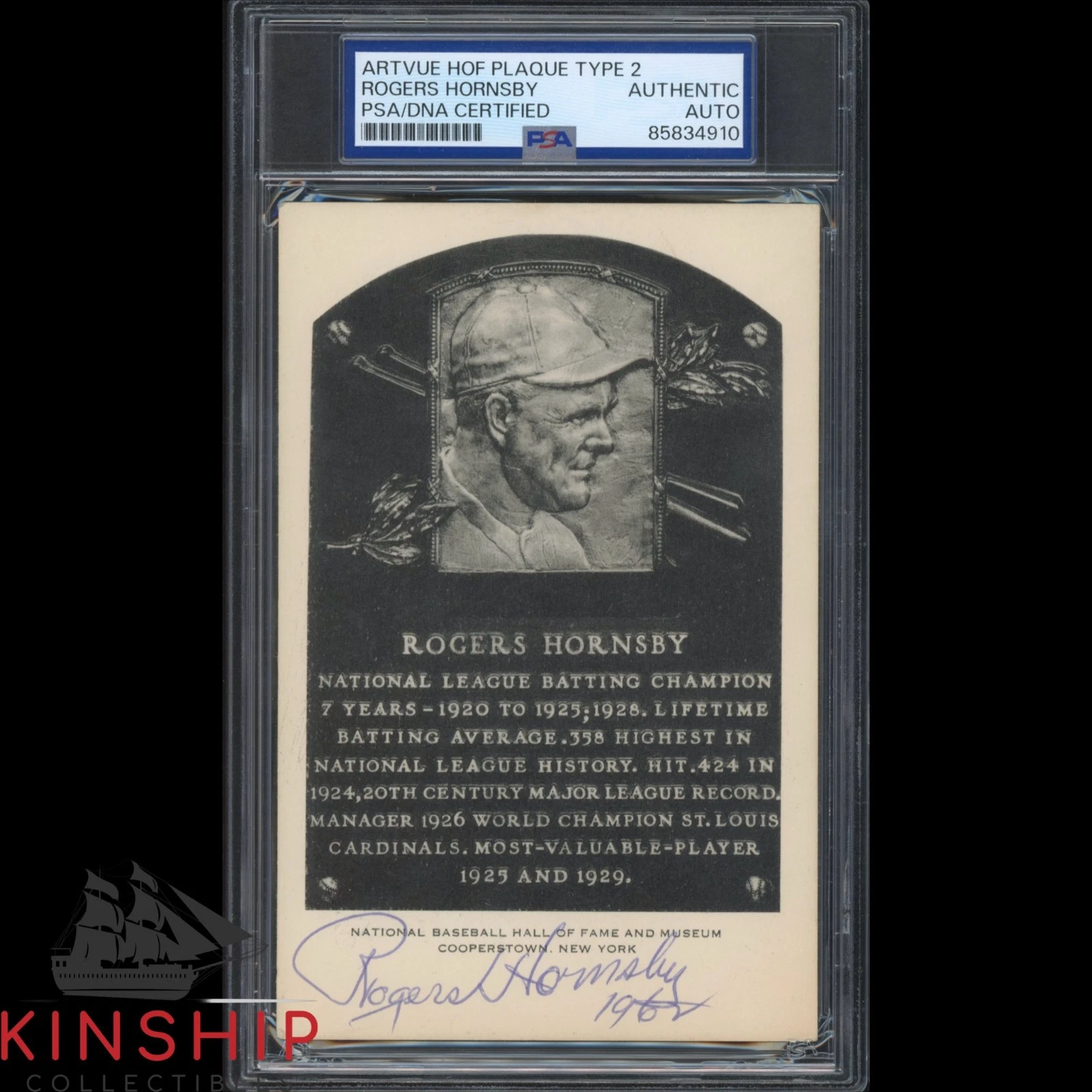 Rogers Hornsby signed HOF Plaque Artvue Type 2 PSA DNA Slab Cardinals Auto C6515