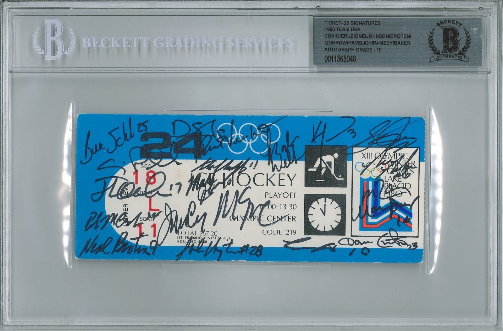1980 USA OLYMPIC HOCKEY TEAM SIGNED GOLD MEDAL TICKET BAS 20 AUTOS GEM MINT 10