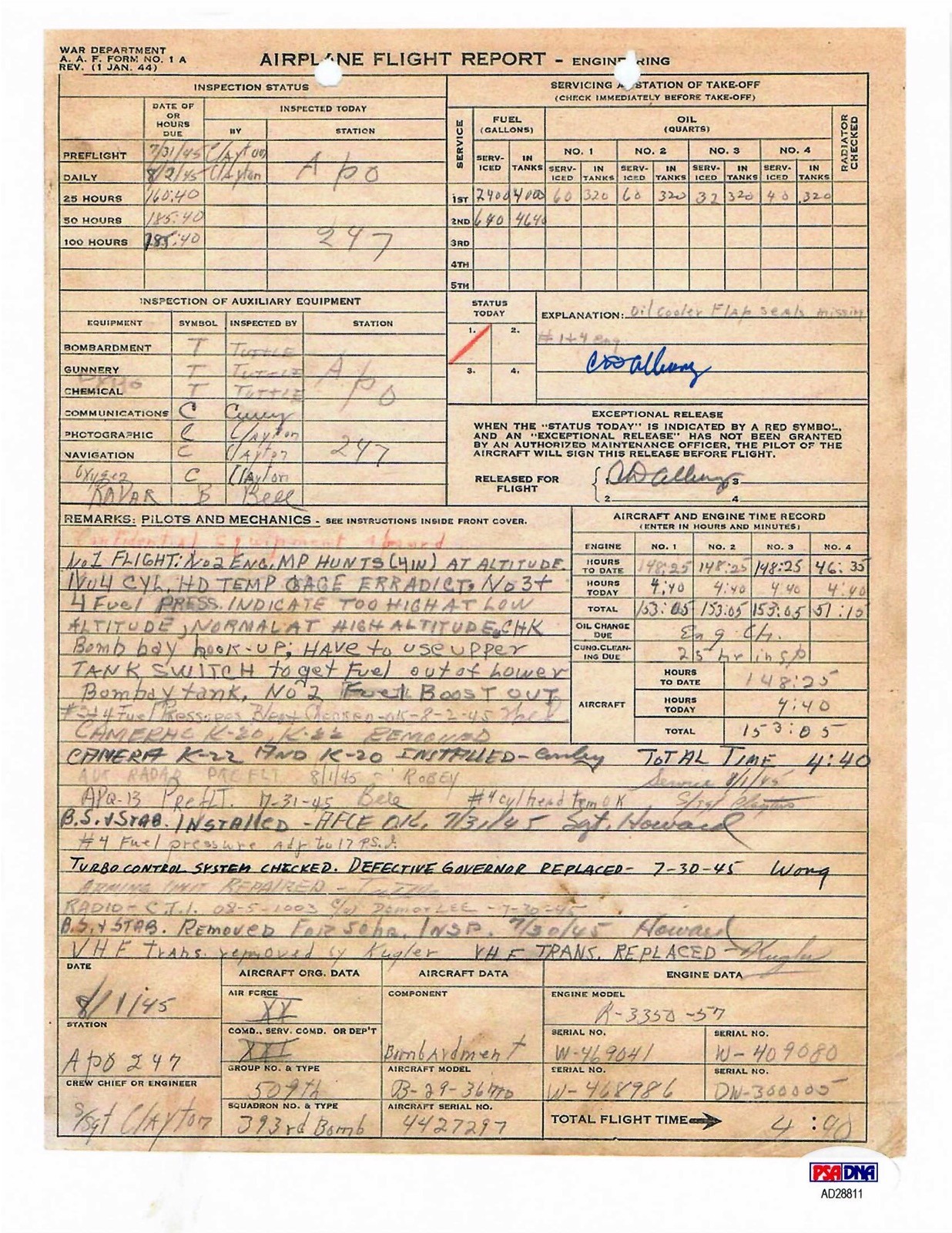 CD ALBURY SIGNED FLIGHT RECORD DOCUMENT PSA DNA AD28811 BOCKSCAR NAGASAKI 8/9/45