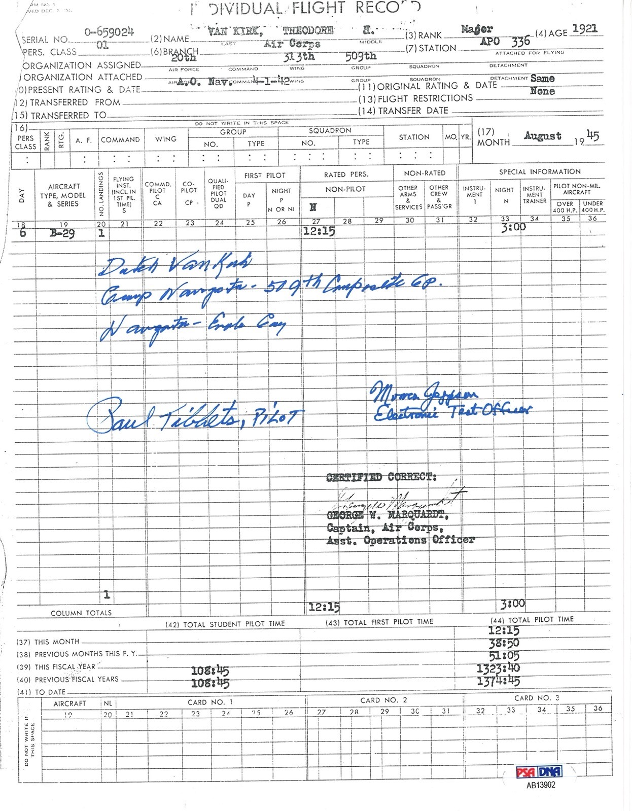 DUTCH VAN KIRK SIGNED FLIGHT RECORD DOCUMENT PSA DNA AB13902 TIBBETS JEPPSON