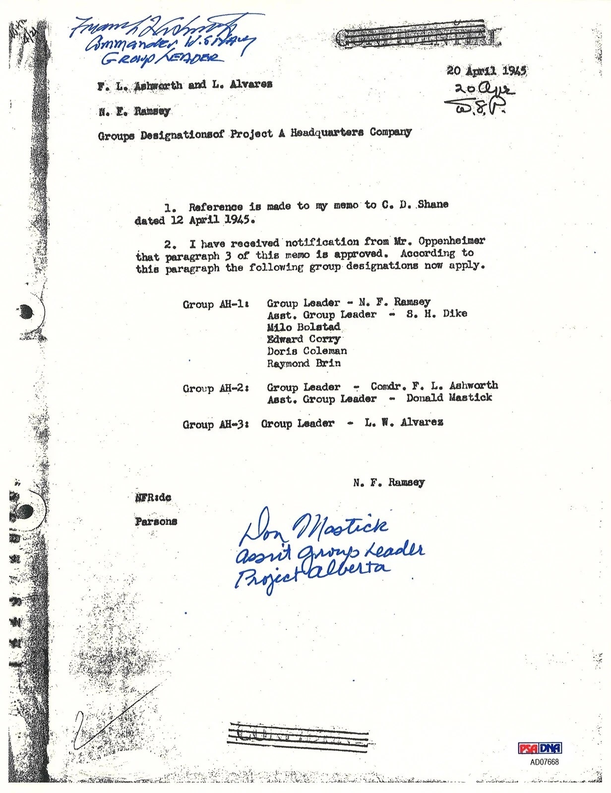 FREDERICK ASHWORTH / DON MASTICK SIGNED PROJECT ALBERTA DOCUMENT PSA DNA AD07668