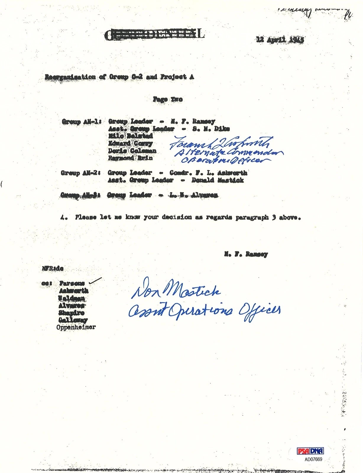 FREDERICK ASHWORTH / DON MASTICK SIGNED PROJECT ALBERTA DOCUMENT PSA DNA AD07669