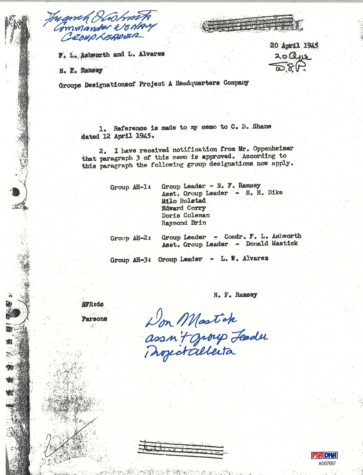 FREDERICK ASHWORTH / DON MASTICK SIGNED PROJECT ALBERTA DOCUMENT PSA DNA AD07667