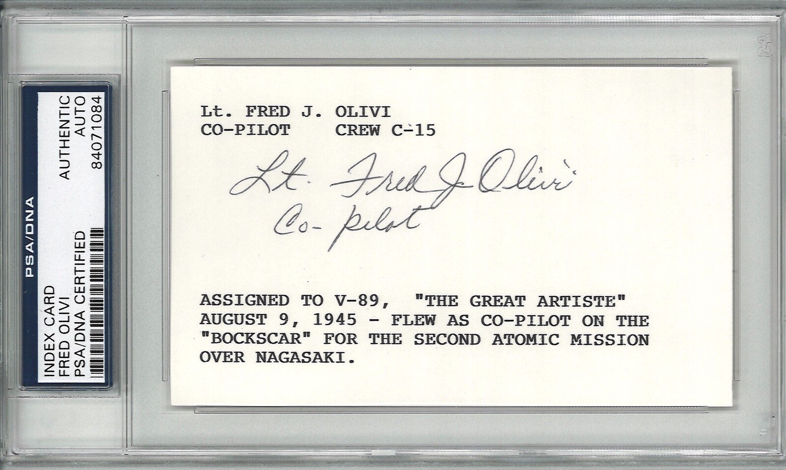 FRED OLIVI SIGNED INDEX CARD PSA DNA 84071084 (D) WWII BOCKSCAR GREAT ARTISTE