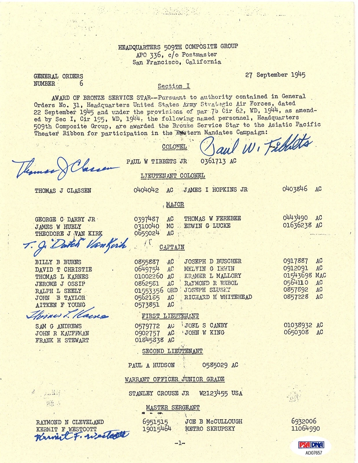 509th COMP GROUP MULTI SIGNED BRONZE STAR DOCUMENT PSA DNA AD07657 (D) X5