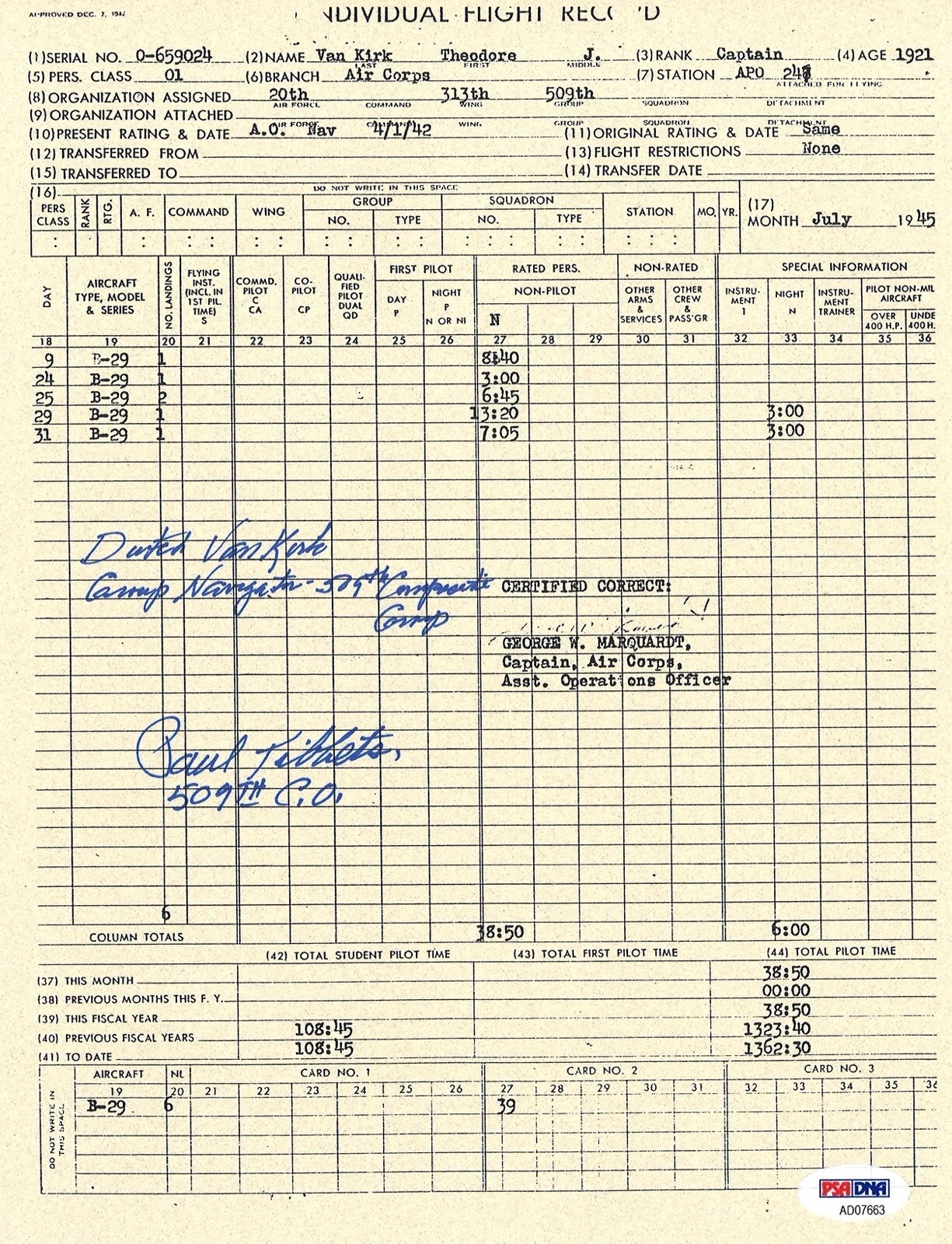 DUTCH VAN KIRK SIGNED FLIGHT RECORD DOCUMENT PSA DNA AD07663 TIBBETS ENOLA GAY