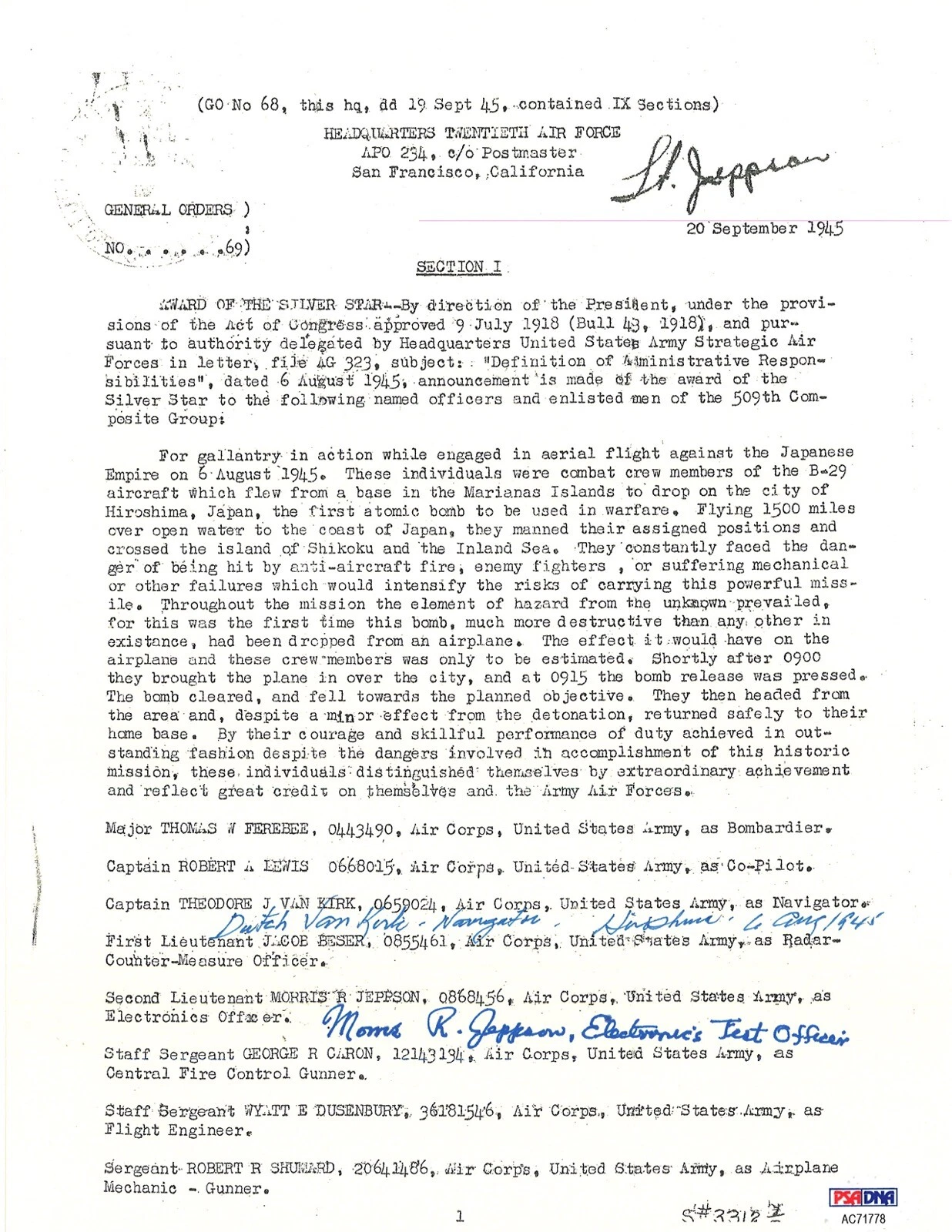 DUTCH VAN KIRK & MORRIS JEPPSON SIGNED SILVER STAR DOCUMENT PSA DNA AC71778 (D)