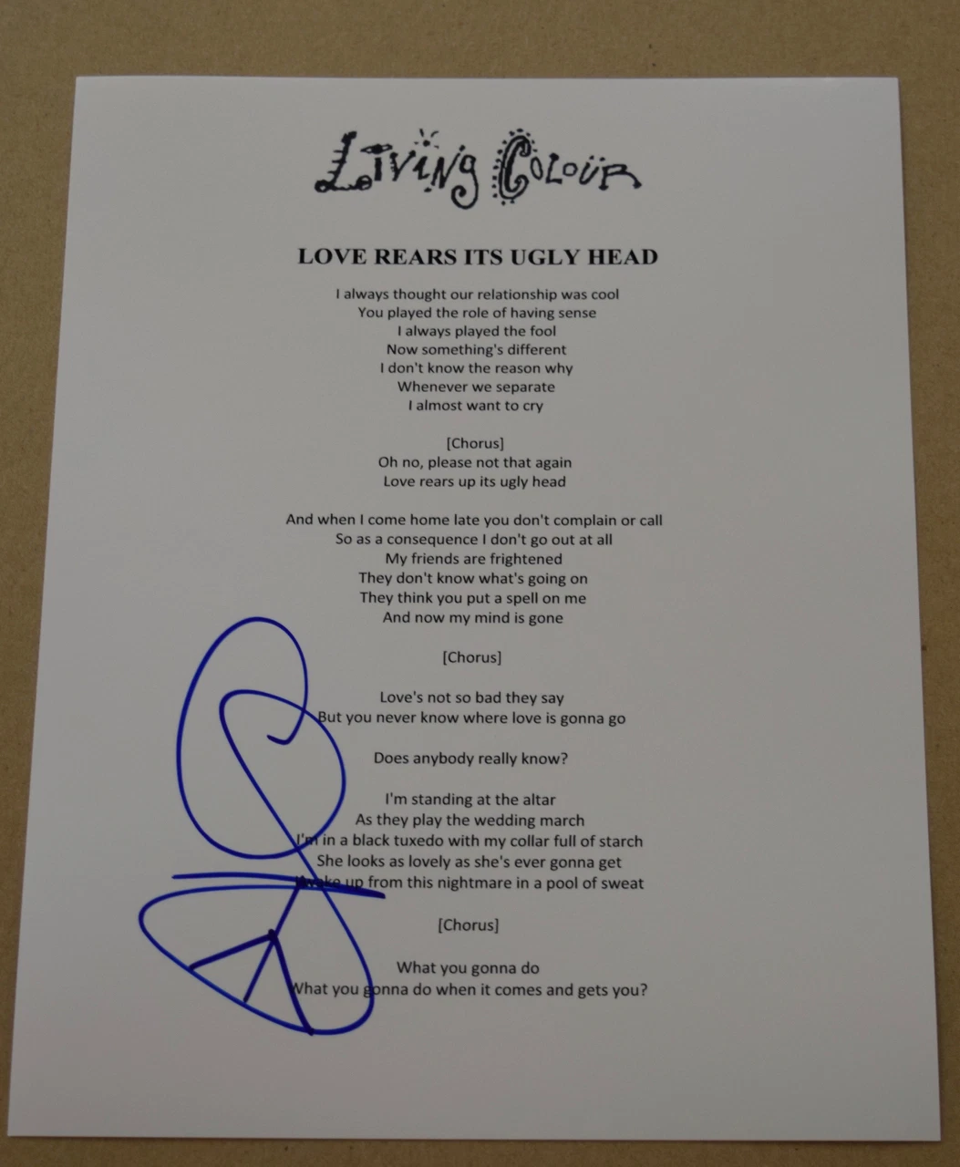 Corey Glover Signed Autograph Love Rears Its Ugly Head Living Colour Lyric Page