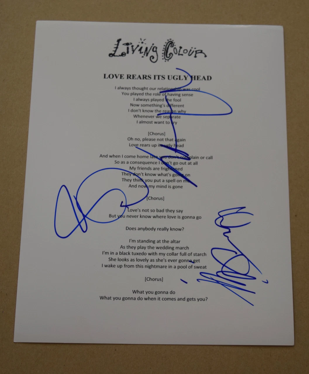 Living Colour Signed Autograph LOVE REARS ITS UGLY HEAD Music Lyric Sheet by 3
