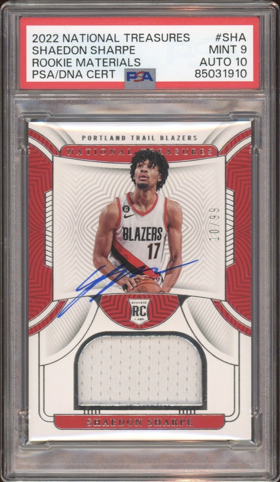 2022 National Treasures Shaedon Sharpe Rookie Materials Auto /99 Psa MINT 9/10