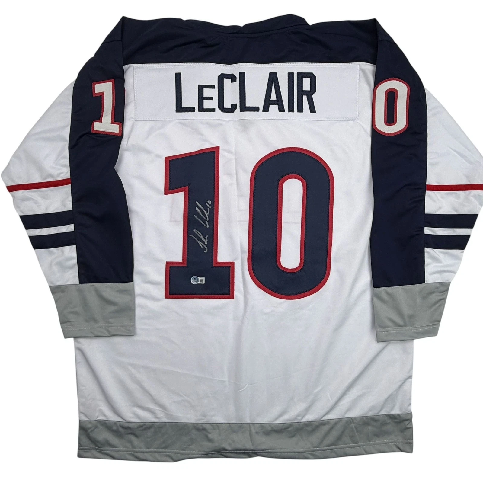 Autographed/Signed John LeClair United States USA White Jersey Beckett COA