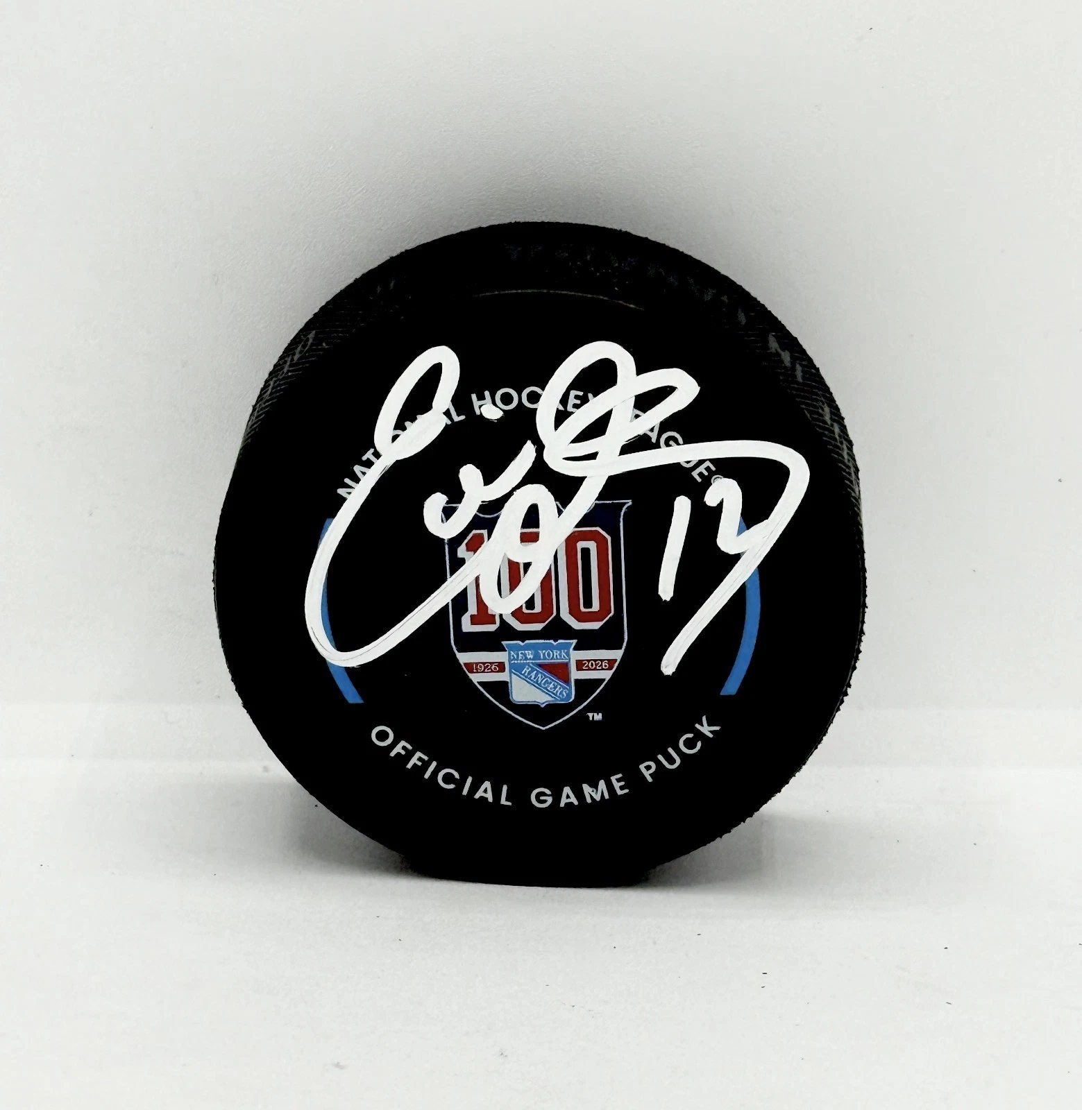 Eddie Olczyk signed New York Rangers 100th Anniversary Game Puck JSA Witnessed