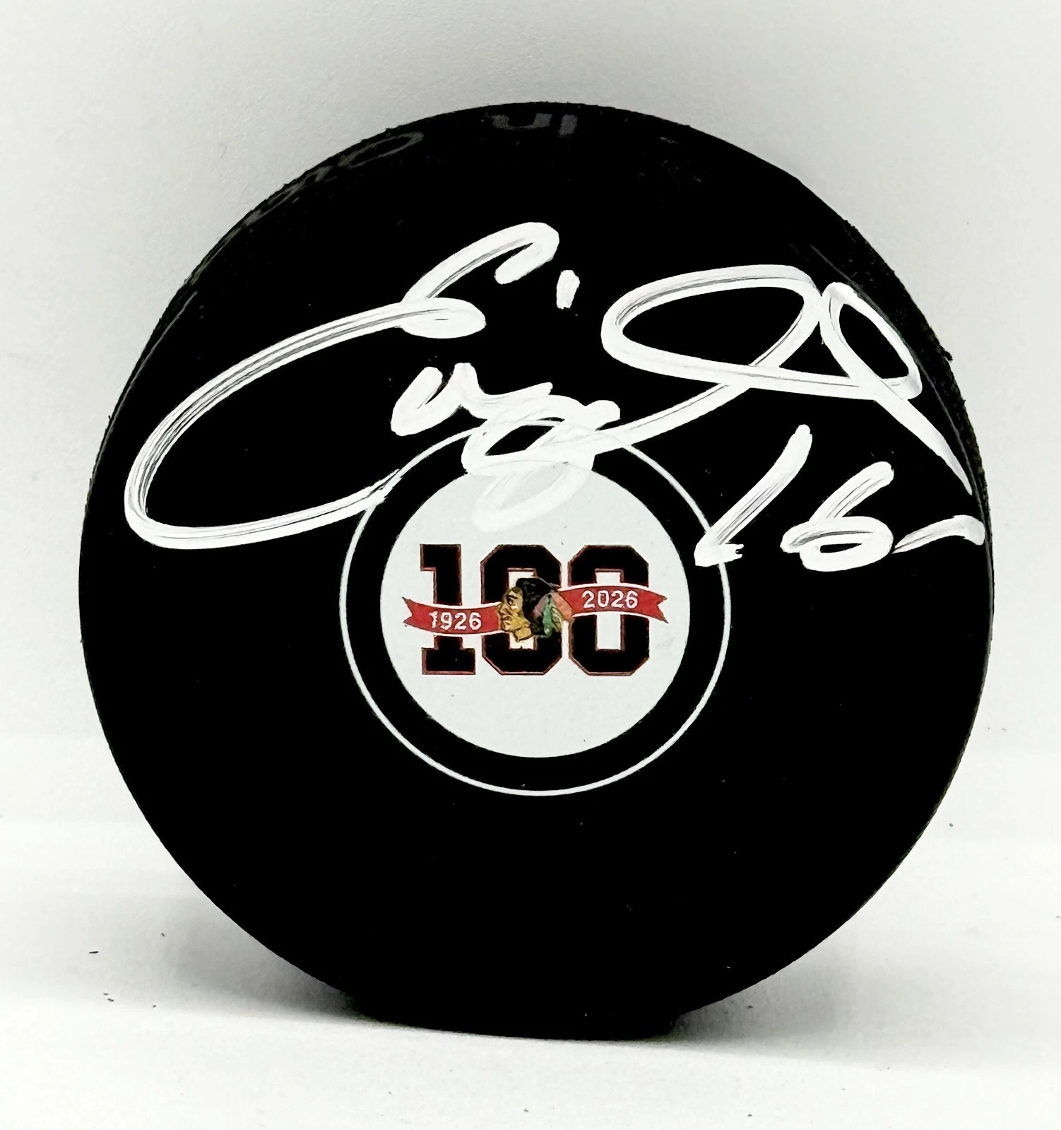 Eddie Olczyk signed Chicago Blackhawks 100th Anniversary Logo Puck JSA Witnessed