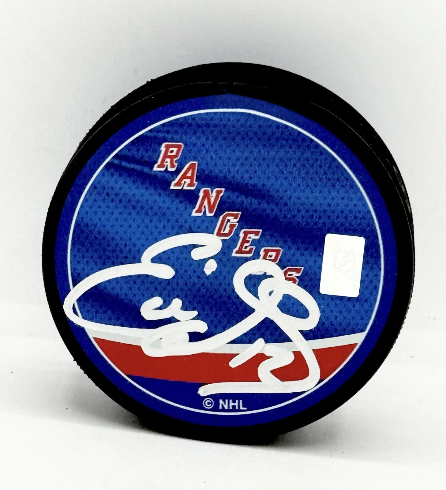 Eddie Olczyk signed New York Rangers Reverse Retro Puck JSA Witnessed COA
