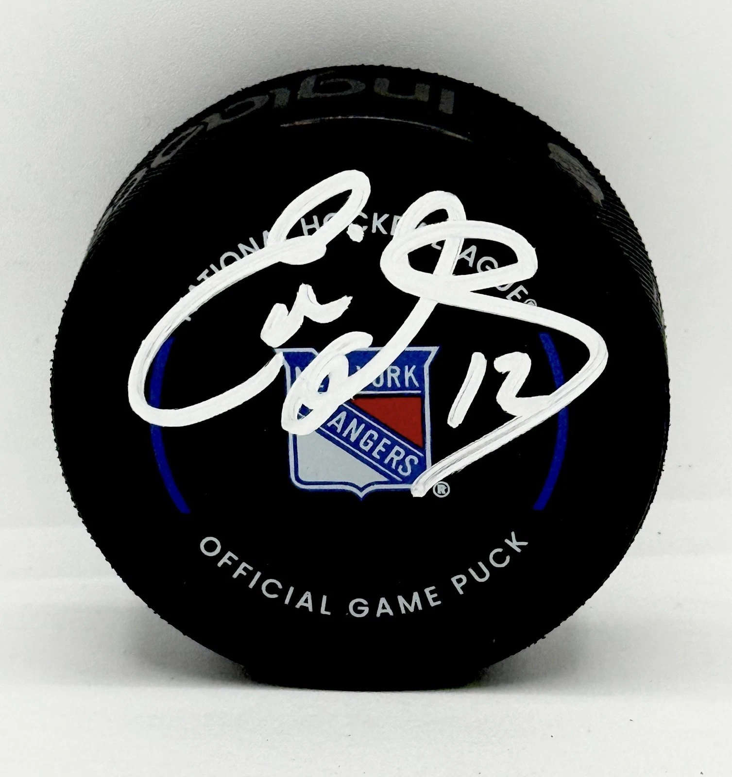 Eddie Olczyk signed New York Rangers Game Puck autographed JSA Witnessed