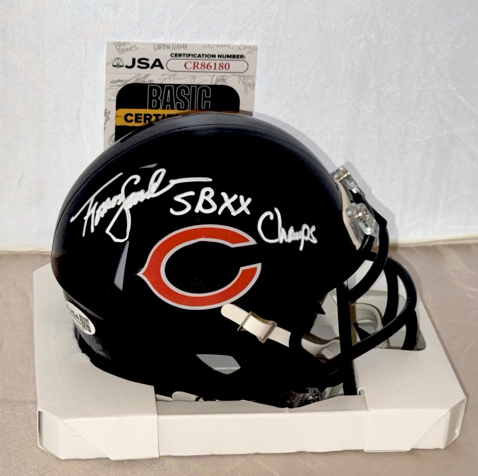 Thomas Sanders signed Chicago Bears mini helmet autographed SB XX JSA Witness