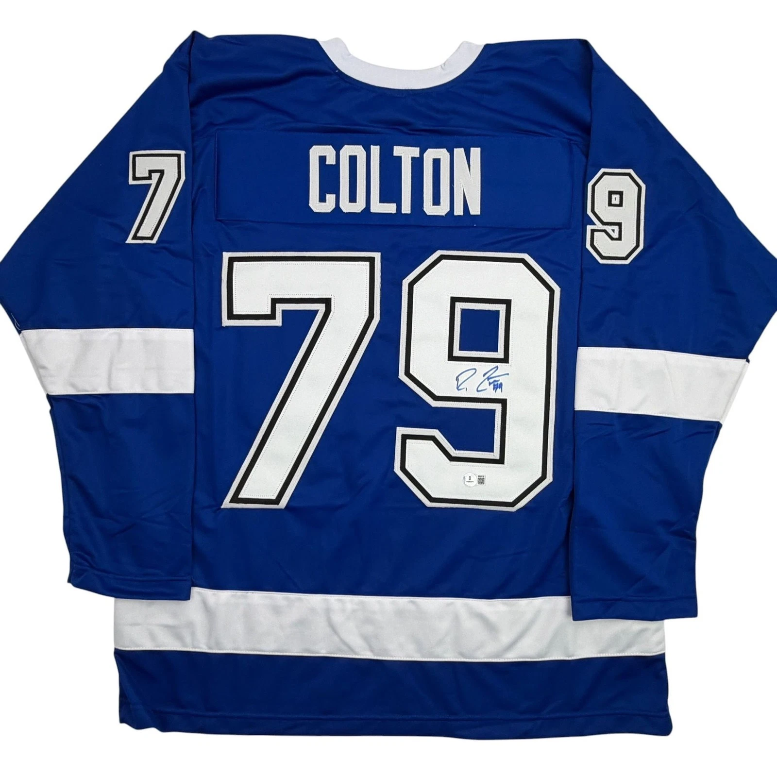 Autographed/Signed Ross Colton Tampa Bay Blue Hockey Jersey Beckett BAS COA