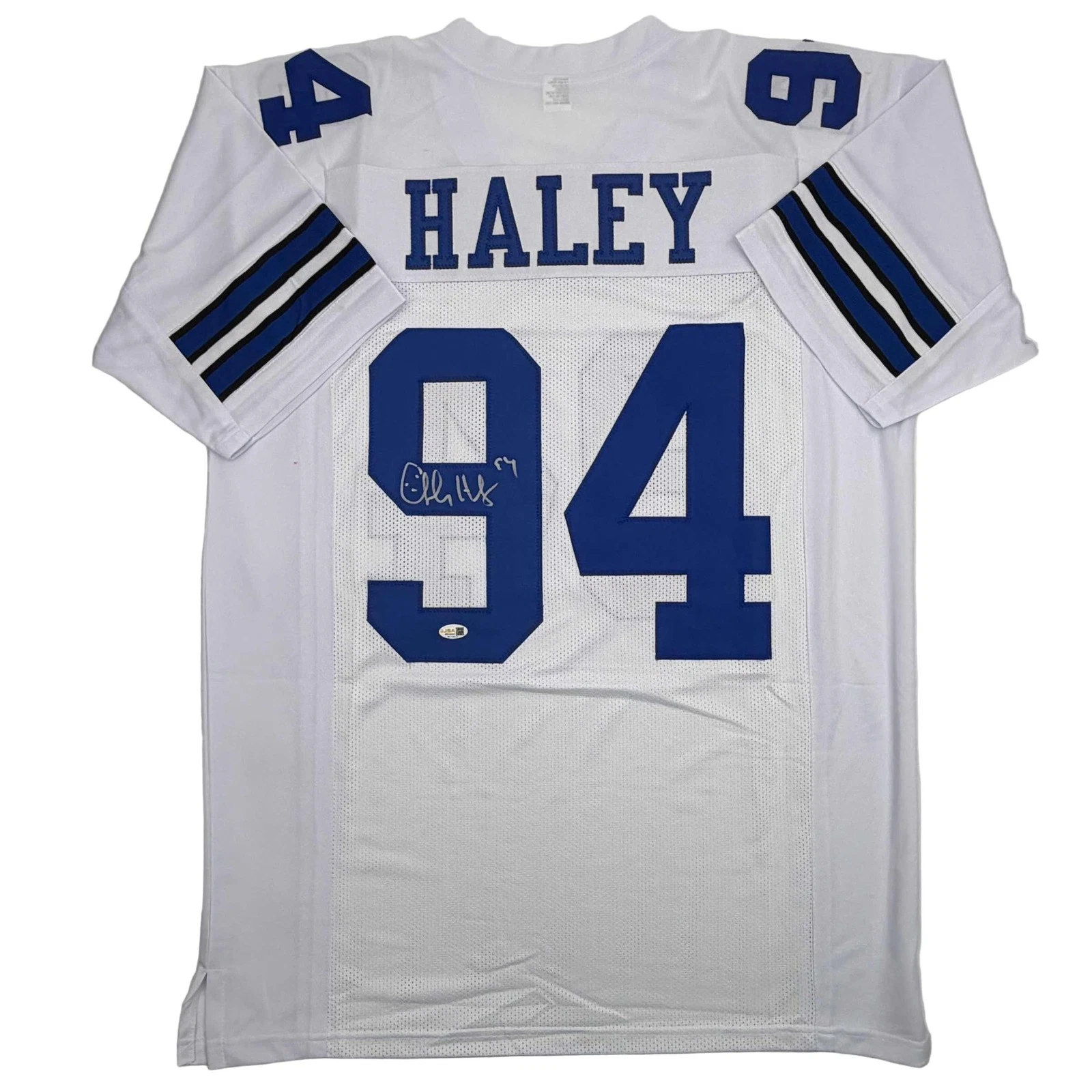 Autographed/Signed CHARLES HALEY Dallas White Football Jersey JSA COA Auto