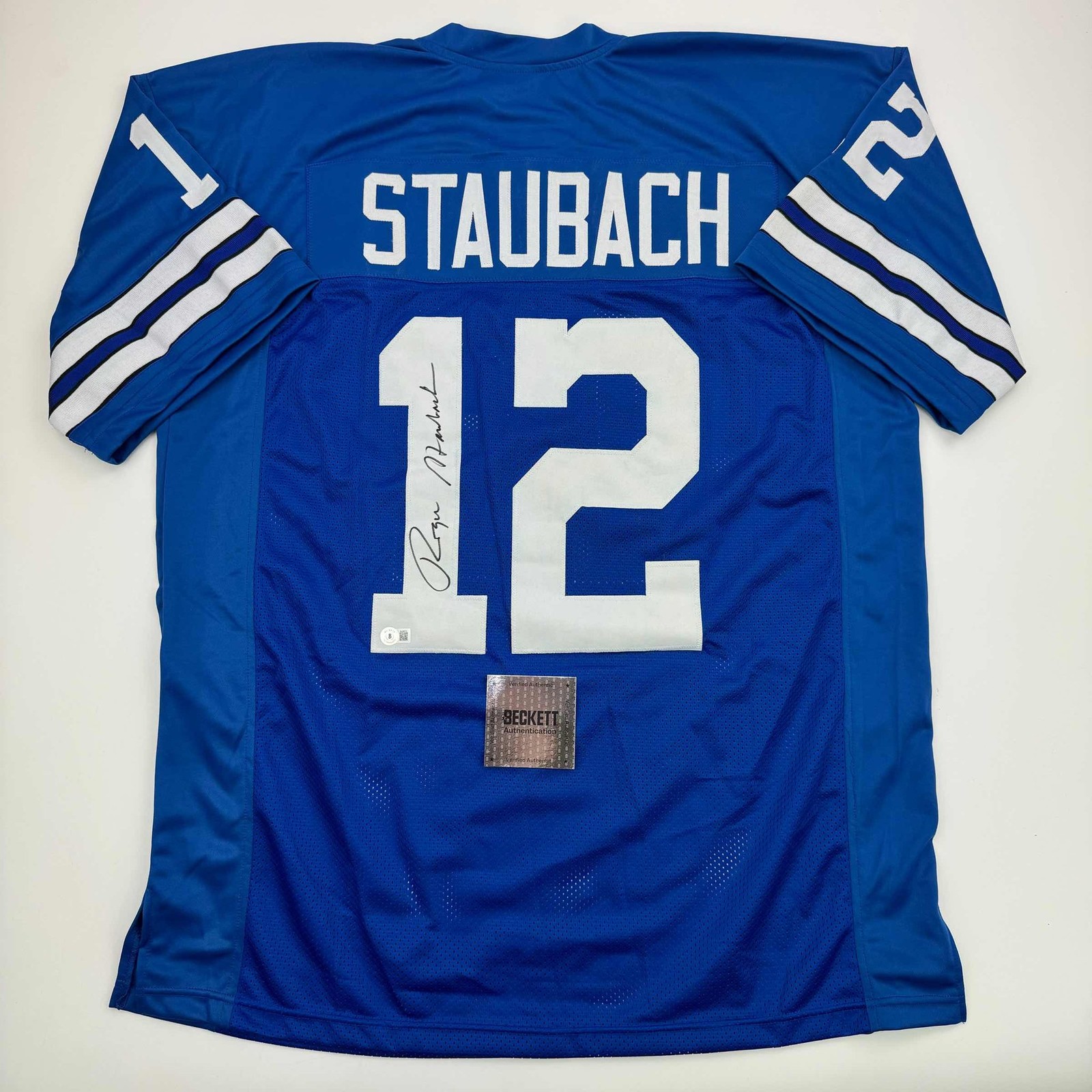 Autographed/Signed Roger Staubach Dallas Blue Jersey Beckett BAS COA
