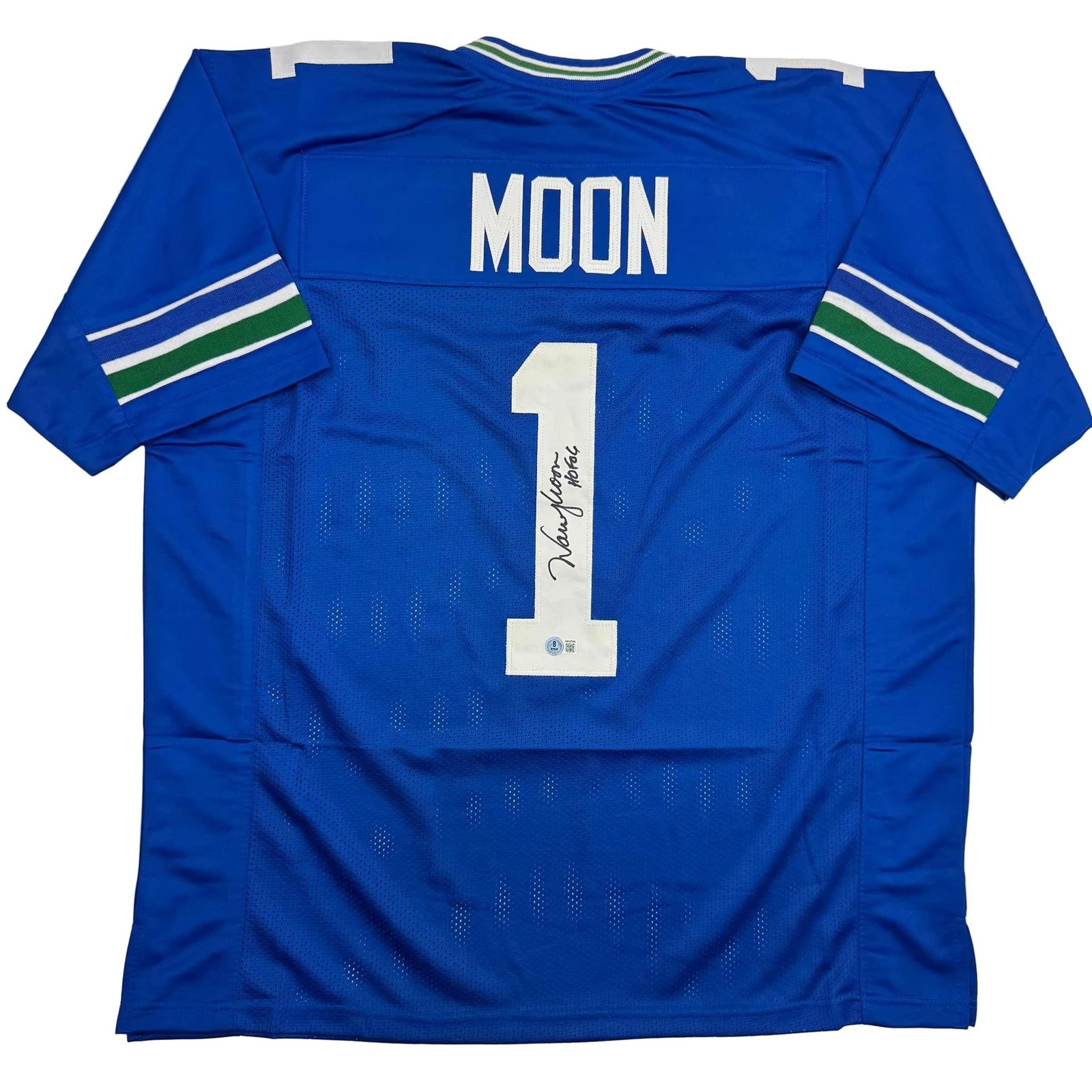 Autographed/Signed Warren Moon HOF 06 Seattle Blue Retro Jersey Beckett COA