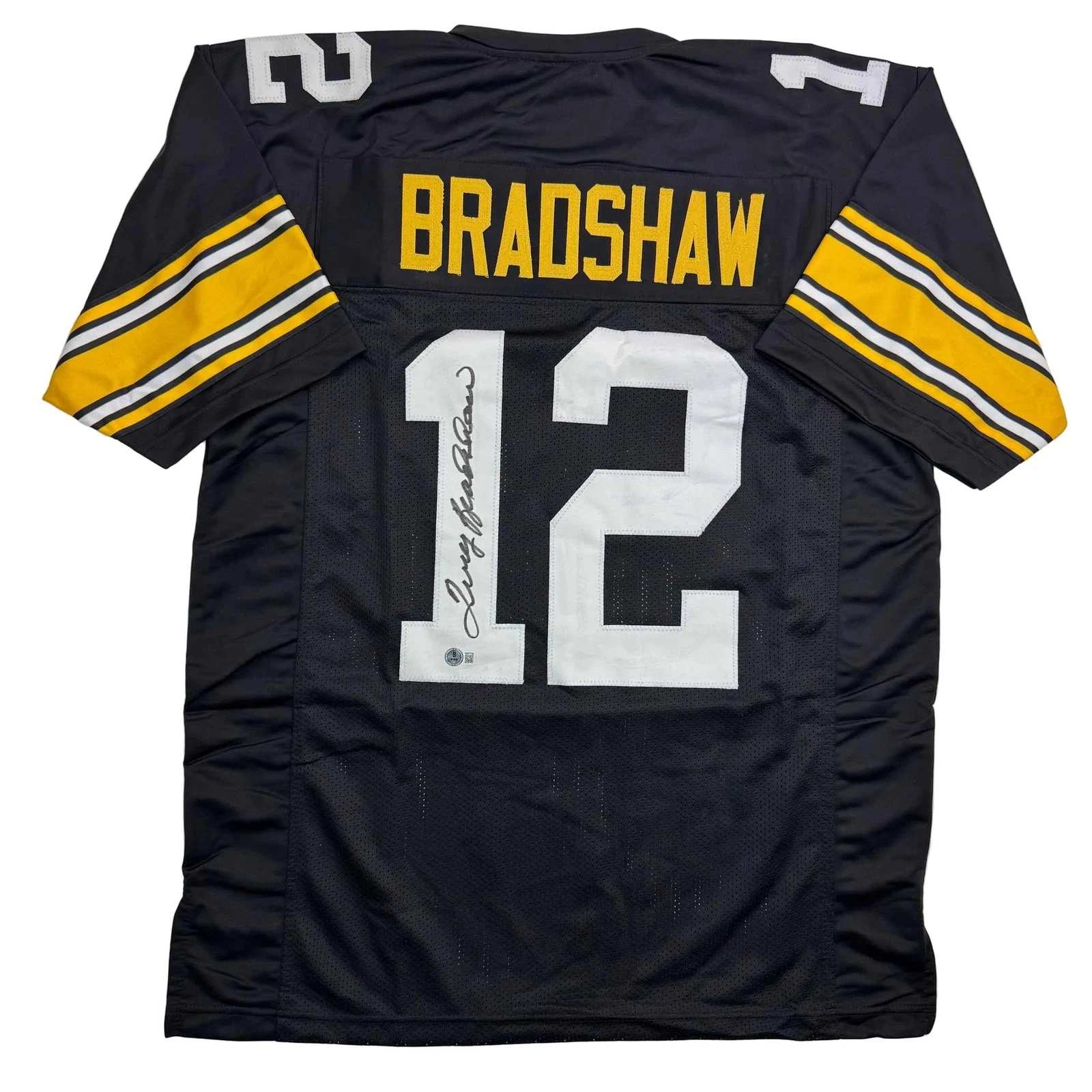 Autographed/Signed Terry Bradshaw Pittsburgh Black Jersey Beckett COA