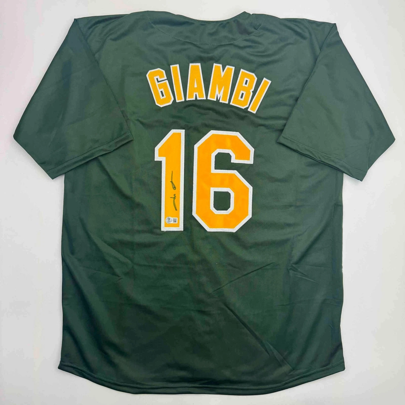Autographed/Signed Jason Giambi Oakland Green Jersey Beckett BAS COA