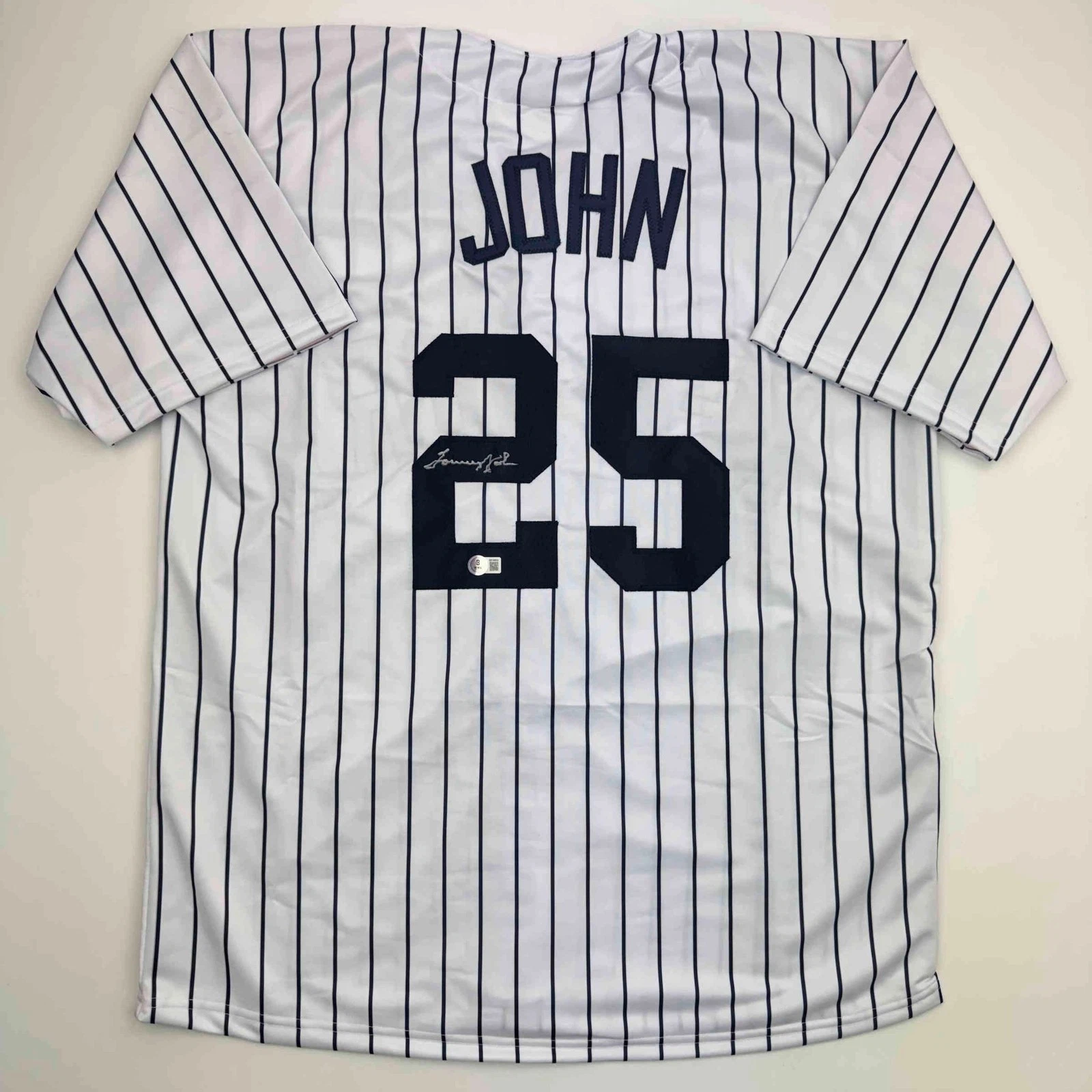 Autographed/Signed Tommy John New York Pinstripe Jersey Beckett BAS COA