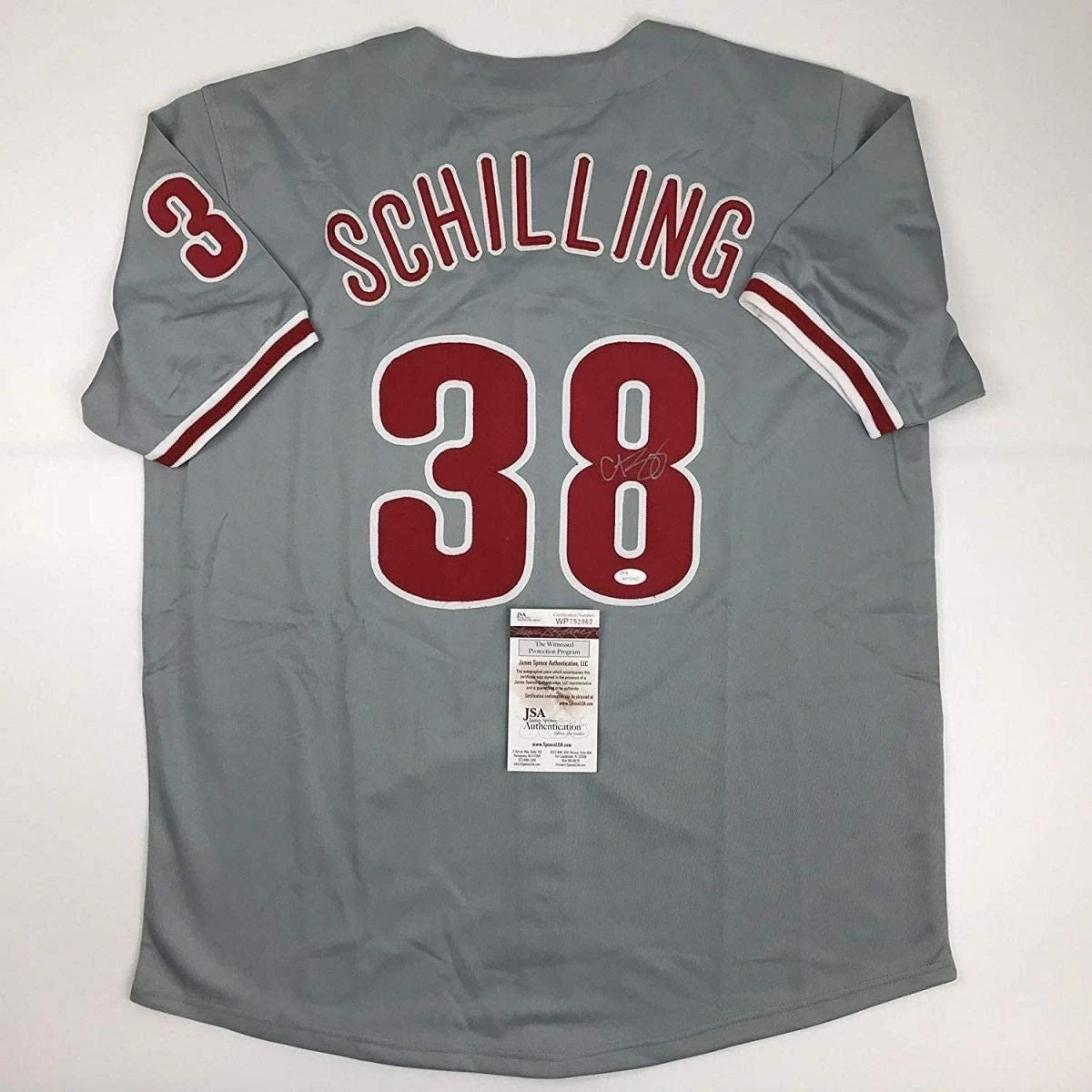 Autographed/Signed Curt Schilling Philadelphia Grey Baseball Jersey JSA COA